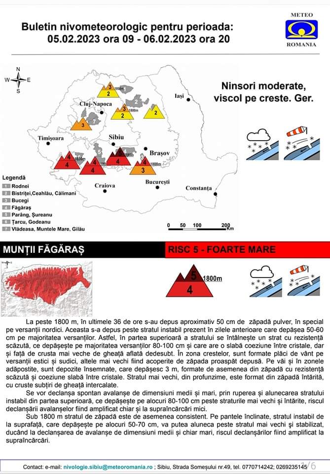 Grad 5, risc maxim de avalanșă în Munții Făgăraș 