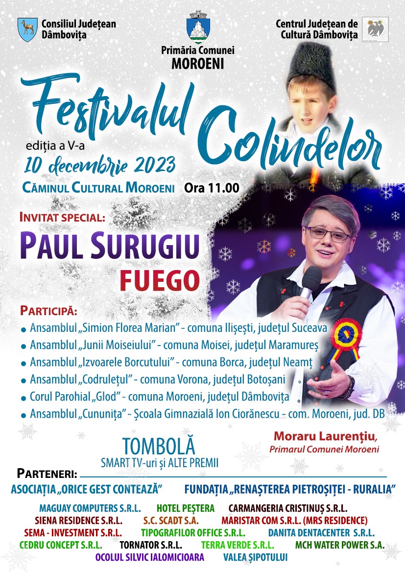 Parada cetelor de colindători va avea loc la  “Festivalul Colindelor" din comuna Moroeni, 10 decembrie, începând cu ora 11:00, un eveniment ce unește sute de colindători din întreaga țară.